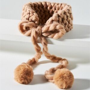 Anthropologie Chunky Knit Embellished Ear Warmer Headband Knit Pom Poms Sand NEW